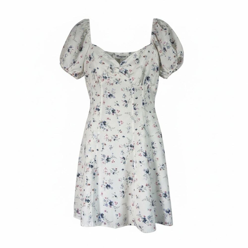 No Boundaries Women Woven Midi Dress Floral Puff Sleeve Size L Self Lined Bust